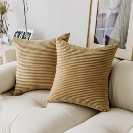 Demetex Cushion Cover 17.7 x 17.7 inches (45 x 45 cm), Set of 2, Corduroy Fashion, Nordic, Washable, Fluffy, Hidden Zipper, Striped, Decorative Pillow Cover for Sofa Back, Khaki [Cover Only]