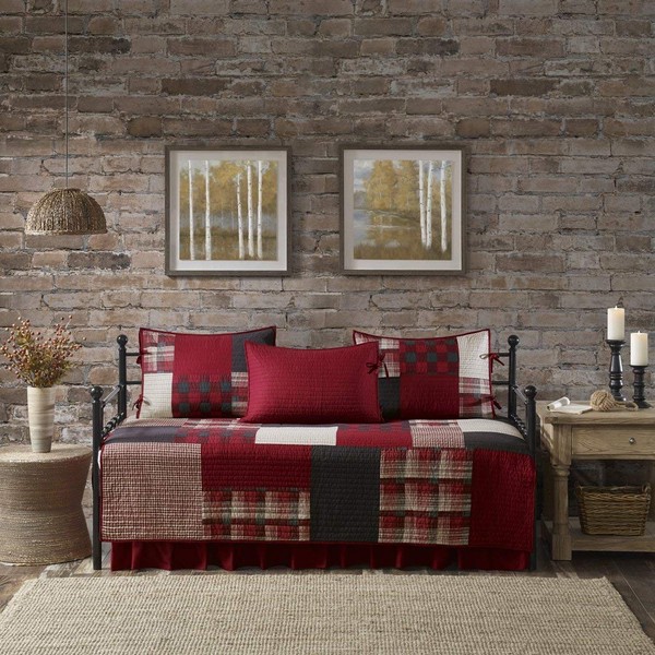5 Piece Red Black Plaid Daybed Cover Set, Geometric Square Rugby Stripe Checkered Cabin Lodge Theme Checked Pattern Day Bed Bedskirt Pillows, Polyester