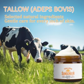 Beef Tallow Sunscreen Spf 50+, Face Sun Cream 100% Grass Fed Tallow, Tallow Balm Instant Sun Protection, Spf 50 Face Moisturiser, Sweat & Water Resistant - Unscented & Invisible