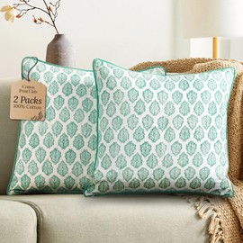 CPC 100% Cotton Throw Pillow Covers 18x18 Inch, Set of 2 Green Block Print Pattern Couch Pillow, Cute Boho Decorative Pillows for Living Room, Bedroom with Hidden Zipper- Sea Green