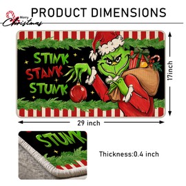 Pycat Christmas Stink Stank Stunk Decorative Front Door Mat, Green Xmas Gifts Red White Stripe Doormat Indoor Outdoor Non-Slip Floor Entryway Rug, Funny Holiday Home Kitchen Decoration 17x29 Inch