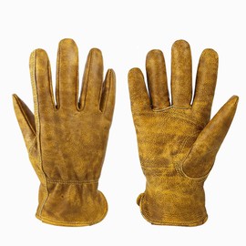OLSON DEEPAK Retro Brown Leather Work Gloves for Cut/Motorcycle/Farm, Cowhide Work Gloves with Faded Effect for Men (Retro Yellow, XL)