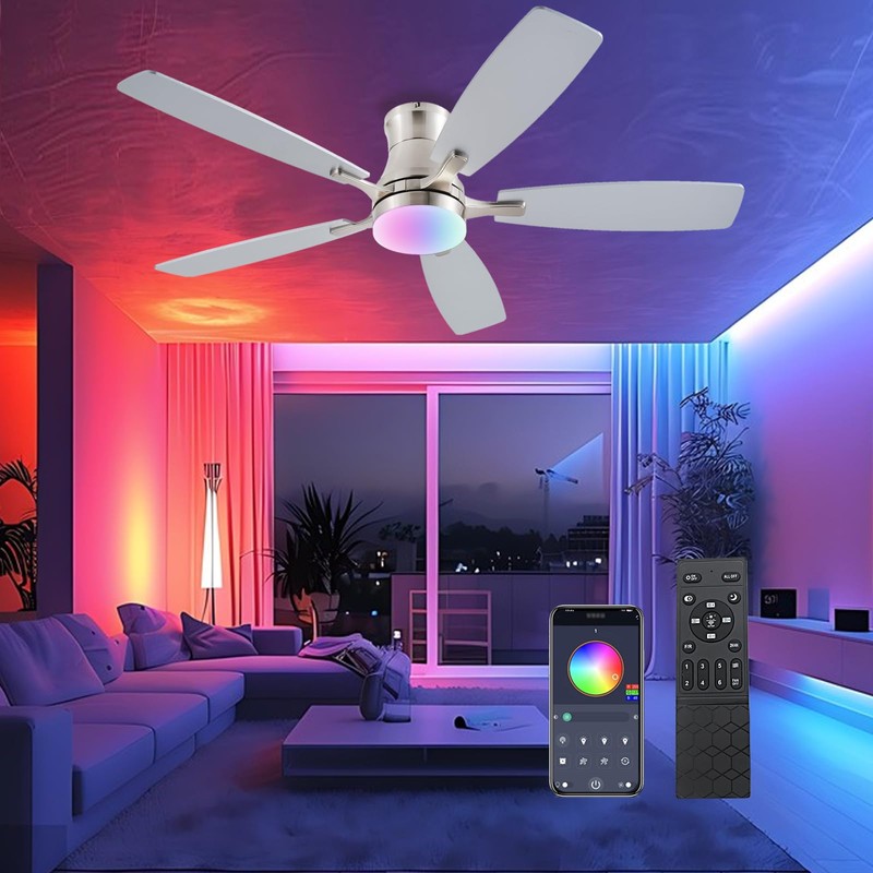 FUMLTP Ceiling Fans with Lights, 54inch RGB Low Profile Ceiling
