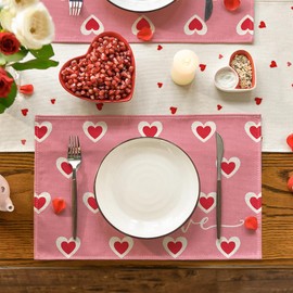 Artoid Mode Love Heart Pink Valentines Day Placemats Set of 4, 12x18 Inch Wedding Anniversary Table Mats for Party Kitchen Dining Decoration