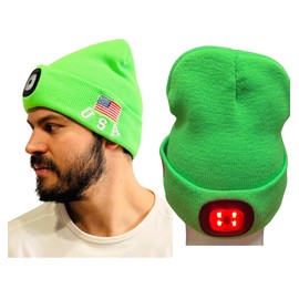 High Visibility Neon Green 2 LED Beanie Hat – Rechargeable White Front & Red Rear Lights – USA Flag Safety Cap – Acrylic Winter Headlamp Hat