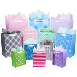 12 Pack Gift Bags Assorted Sizes and Designs, Gift Bags Bulk with Tissue Paper (5 Medium 8", 4 Large 11", 3 Extra Large 14") for Birthday, Baby Showers, Bridal Showers, Easter Day Any Occasion