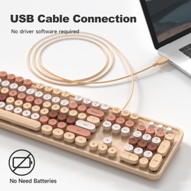 MOWUX Computer Keyboard Wired, Plug Play USB Retro Round Typewriter Keyboard, Full Size Wired Keyboard with Foldable Stands for Laptop and Office PC- Milk Tea Colorful