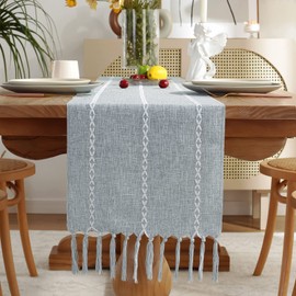 Wracra Cotton Linen Table Runner Farmhouse Style Dusty Blue Table Runner 150cm with Hand-tassels for Party, Dining Room Decorations Dessert Table Decor(Dusty Blue, 150cm)