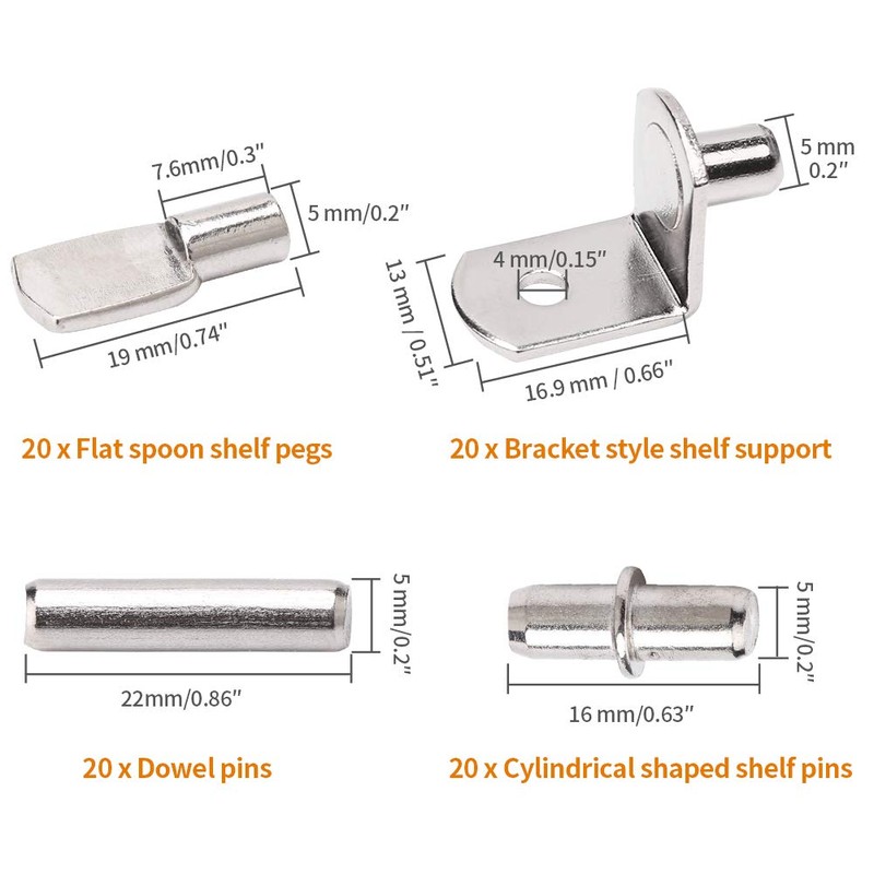 Shelf Pegs-Support Pins Set, 80 Pieces Stainless Steel Metal Bracket