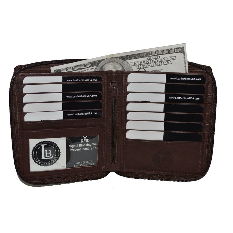 Leatherboss Genuine Leather RFID protected Hipster All Around Zipper Bifold