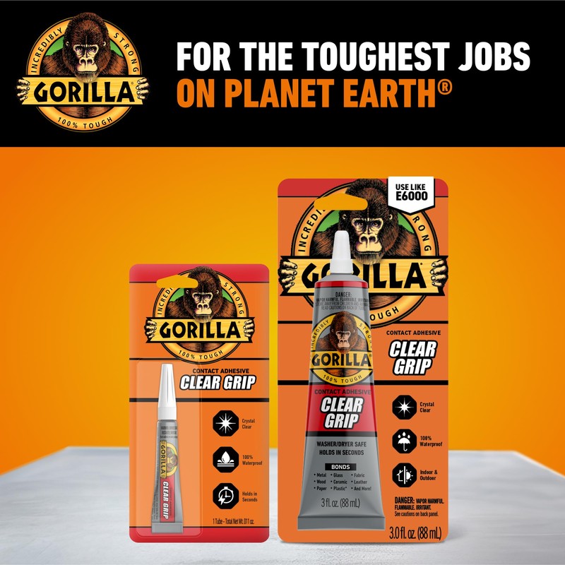 Gorilla Clear Grip Waterproof Contact Adhesive, 3 Ounce Tube, Clear,