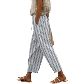 chouyatou Women's Vintage Floral Print High Elastic Waist Wide Leg Capri Beach Palazzo Pants with Pockets (Medium, Striped Blue)