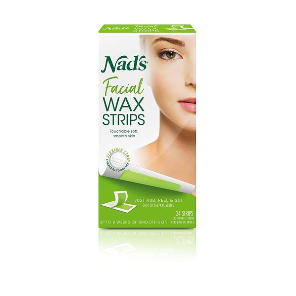 Nad's Facial Wax Strips (Pack of 2) - Hypoallergenic All Skin Types - Facial Hair Removal For Women - At Home Waxing Kit with 24 Face Wax Strips + 4 Calming Oil Wipes