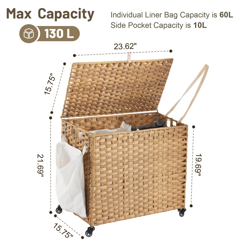 Laundry Hamper with Wheels, 34.3 Gallon(130L) Rolling Laundry Basket with