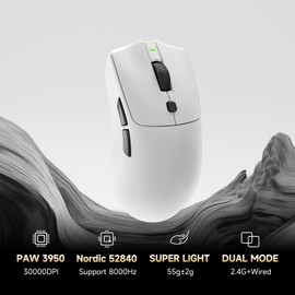 RAWM 8K Wireless Gaming Mouse, PAW3950 30K DPI Optical Sensor, 55g Lightweight, MCU Nordic 52840, Esports & FPS Gaming mice, 8K Dongle Included (White)