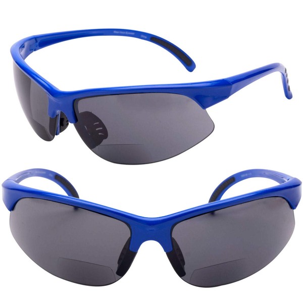 Mass Vision 2 Pair of Bifocal Sport Wrap Reading Sunglasses, Outdoor Sun Readers for Men and Women (Blue, 1.5, multiplier_x)