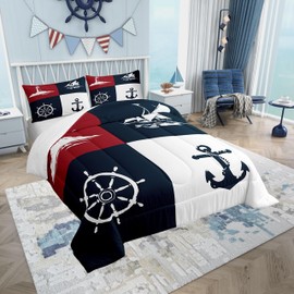Nautical Kids Comforter Sets Queen Size,Ocean Anchor Rudder Bedding Comforter Sets,Sea Adventure Coastal Lighthouse Quilt Sets for Boys Adult,Red Blue White Duvet Insert with 2 Pillowcases
