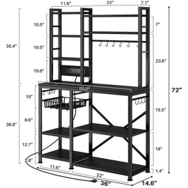 Baker Rack with Power Outlet - Microwave Stand with Storage, Large Coffee Bar Station with 14 Hooks, Metal Kitchen Shelf Rack for Spices, Pots (Rustic Black)