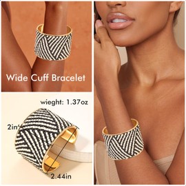 FAERLIIRY Wide Cuff Bracelet Gold Chunky Bangles Bracelets for Women Black White Open Bangle with Raffia Statement Cuff Wrap Bracelet Punk Jewelry (Black White)