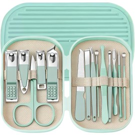 14 Piece Set Nail Clippers, Nail Care Set, Compatible with Nail Clippers, Curling Nails, Multifunctional, Portable, Beauty Gift, Exclusive Storage Box Included, Unisex (Green)