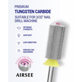 AIRSEE Tungsten Carbide Acrylic Nail Drill Bit Efile Electric File Machine Head Tip for Manicure Polishing Art Remove Gel 3/32" 2 Way Beginner Safety Pink Crystal Top Barrel Fine-XF