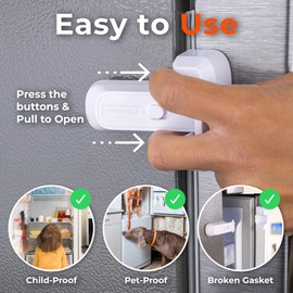 2-Pack Child Proof Fridge Lock with Adhesive - No Tools Required - Refrigerator Lock for Kids - Freezer Latch to Keep Door Closed - for Toddlers, Cats, & Dogs - White