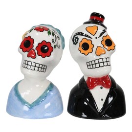 Ebros Gift Colourful Day of the Dead Salt and Pepper Shakers, Blue Bride and Black Groom, Sugar Skull, Bridal, Salt and Pepper Shakers, Ceramic Holder