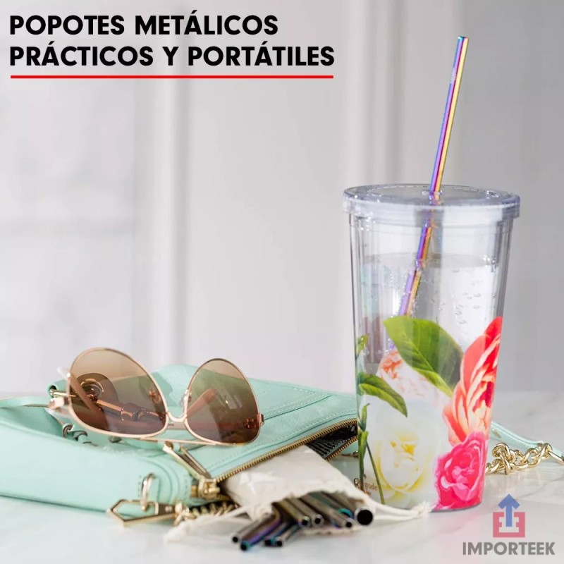 Importeek 2 Popotes Acero Metalico Reusable + Cepillo Limpiador Eco