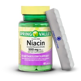 Spring Valley, Niacin 500mg Flush Free, 60 Count Capsules, Niacin Inositol Hexanicotinate Metabolism Support Dietary Supplement + 7 Day Pill Organizer Included (Pack of 1)