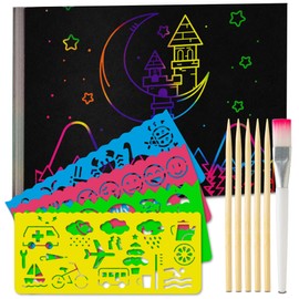 Scratch Picture Set for Children and Adults, 55 Sheets, Rainbow Scratch Paper for Drawing and Crafts, with Stencil Rulers, Wooden Pens, Stickers and Brushes, 13 x 18.5 cm