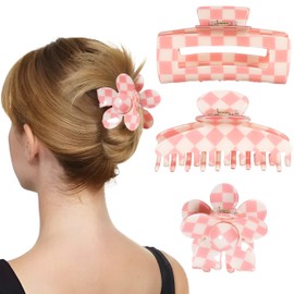 Sunolga 3PCS 80s Vintage Checkered Flower Hair Clips for Women Retro Banana Clip for Hair Claw Clips for Thick Hair Straight Wavy Curly Large Small Non-Slip Y2K Hair Claws Accessories