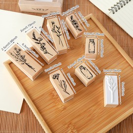 Vintage Wooden Rubber Stamp Set, 8 PCS Cute Plant Flower Bottle Stamps Decorative for DIY Crafting Clay Scrapbook Painting Letters Teaching and Card Making