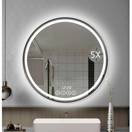 Wall-Mounted Round Bathroom Mirror with LED-Lights - 32 Inch Frame Vanity Mirrors(32" x 32", Black)