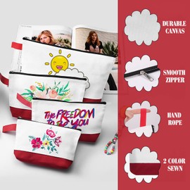 Sinzip 10 Pieces Cotton Canvas Makeup Bag with Bottom and Strap, Multi-Purpose Cosmetic Bag with Zipper Travel Toiletry Pouch, Blank DIY Craft Bag (White&Red, XS)