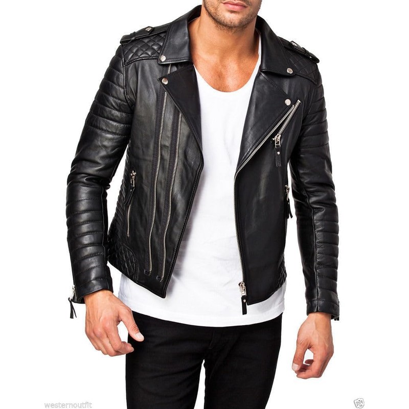 DECIMAL Men's Black REAL Lambskin Leather Biker Jacket VINTAGE GENUINE