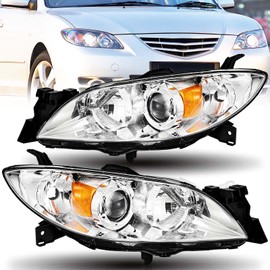 Headlights Assembly Compatible with 2004-2009 Mazda 3 S I GS GT GX SP23 4-Door Sedan Halogen Head Lamps Chrome Housing Amber Reflector, Replacement for BN8P510L0B, BN8P510K0B