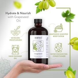 HBNO Grapeseed Oil - 16 oz (475ml) Value Size - Ideal for Shampoos, Conditioners, Mouth Washes, Face wash, Lotions, and Skin Care Products (Glass Bottle).