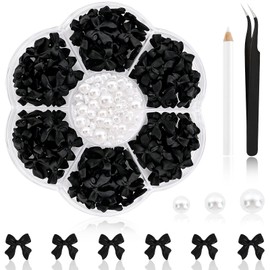 NACHLYNN 630 Pcs Bow Nail Charms Black Bowknot 3D Cute Nail Charms Flat Back Pearl White Flatback Pearl Beads for Nail DIY Art Crafts Resin Rhinestones Jewelry Decoration Accessories