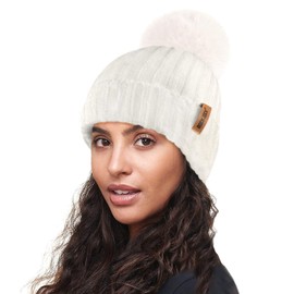 RockJock R80 Ladies Ultra Soft Velvet Chenille Rib Hat with Insulating Warm Teddy Fleece Liner Detachable Faux Fur Pompom-Cream