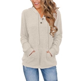 JomeDesign Long Sleeve Shirts for Women 2025 Ribbed Knit Hoodie Casual Tunic Tops to Wear with Leggings Dressy Fall Clothes Apricot S