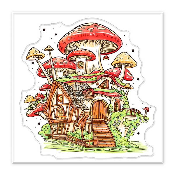 GLOBLELAND Mushroom Hut Clear Stamps for DIY Scrapbooking Mushroom House Silicone Stamp Seals Transparent Stamps with Colorful Back Sheet for Cards Making Photo Album Journal 3.9x3.9inch