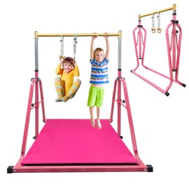 GLANT Foldable & Movable Gymnastics Kip Bar with MAT and Ring Set, 3' to 5' Height Adjustable,Horizontal Bar for Kids Girls Junior,Gym Equipment for Indoor and Home Training- Max Load 300LBS