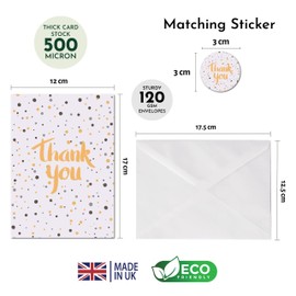Simply Gifted Thank You Cards Multipack of 12 with Envelopes & Matching Thank You Stickers - Confetti Dots Designs Blank Inside - 12x17cm Thankyou Cards for Teachers Weddings Kids - Made in UK