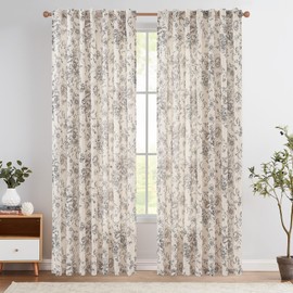 jinchan Linen Curtains Floral Curtains for Living Room 84 Inch Length Black Printed Curtains Rod Pocket Back Tab Farmhouse Peony Flower Patterned Drapes Bedroom Window Curtain Set Two Panels