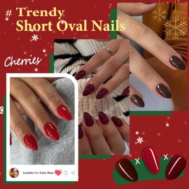 KQueenest Red Press On Nails Short Oval, Acrylic Fake Nails Short Almond, Natural Round Soft Gel Stick on Nails for Women Daily Wear, Long Lasting, Salon Quality