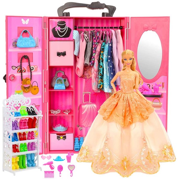 BARWA Fashion Closet Wardrobe 73 Pcs Doll Accessories 16 Pack Doll Clothes 1 Shoes Rack 55 Pcs Different Shoes Hanger Crown Necklace Doll Accessories Xmas Gift