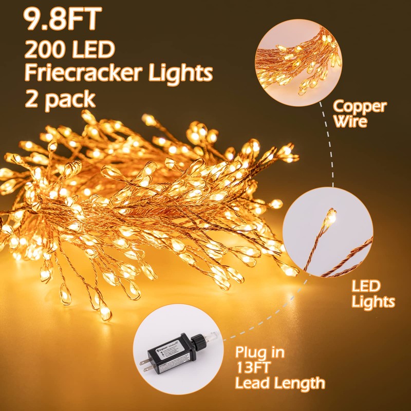 2Pcs Fairy Lights Plug in, 10Ft 200LED Copper Wire Firecracker