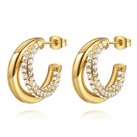 Joo&Rind 18k Gold Hoop Earrings, Hollow Drop Earrings with Zirconia, Thick Hoop Earrings Gold for Women, Hypoallergenic Stainless Steel Earrings, Women, Jewellery for Women, Gifts for Women, Yellow