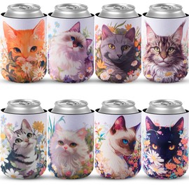 SiliFine 24 Count Cat Floral Can Cooler Cat Birthday Party Decorations Cute Cat Vintage Flowers Can Sleeve for Cat Lover Gift 12 oz Reusable Neoprene Cup Holder for Cat Birthday Spring Party Supplies