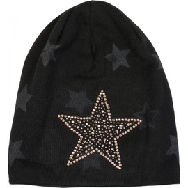 styleBREAKER Warm Fine Knit Beanie Hat with All Over Vintage Star Print, Sequin Star and Very Soft Fleece Lining, Unisex, 04024084 -